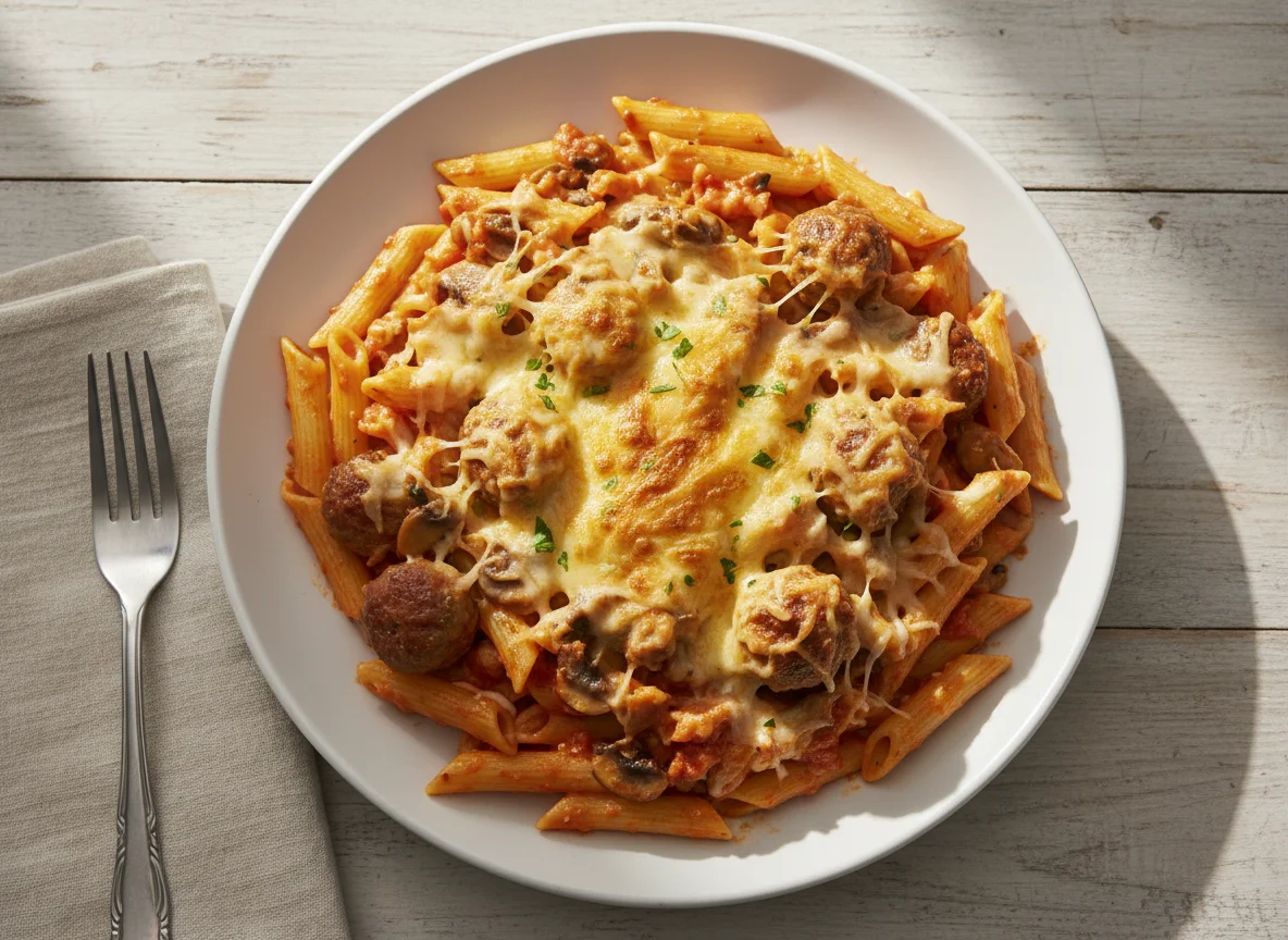Penne Pasta with Creamy Mushroom Sauce and Cheese photo