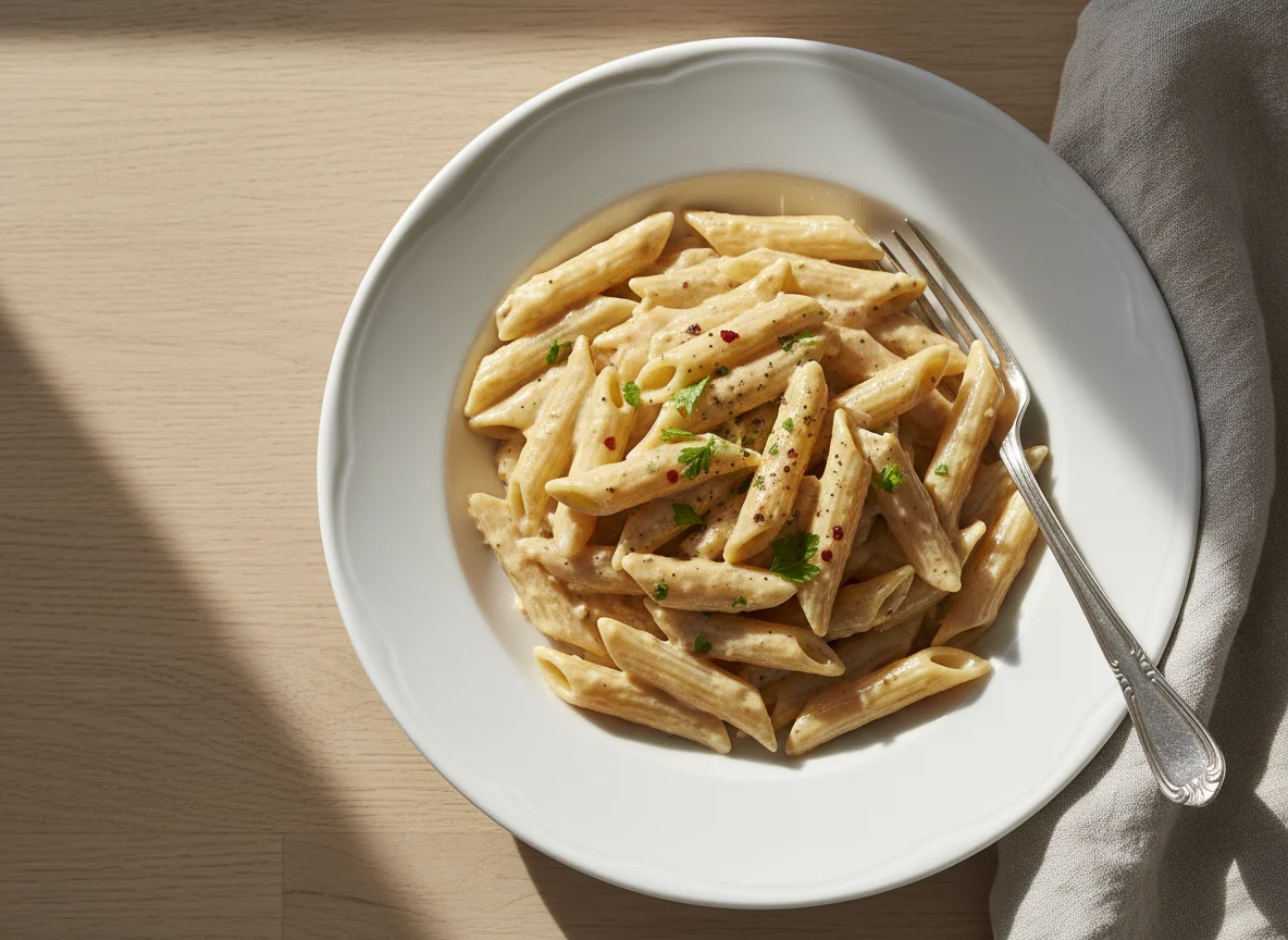 Penne pasta with creamy sauce photo