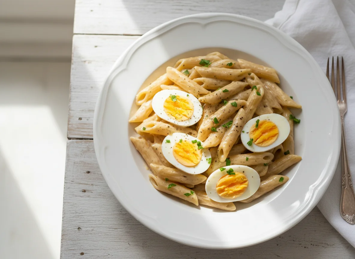 Penne Pasta with Creamy Sauce and Hard-Boiled Egg photo
