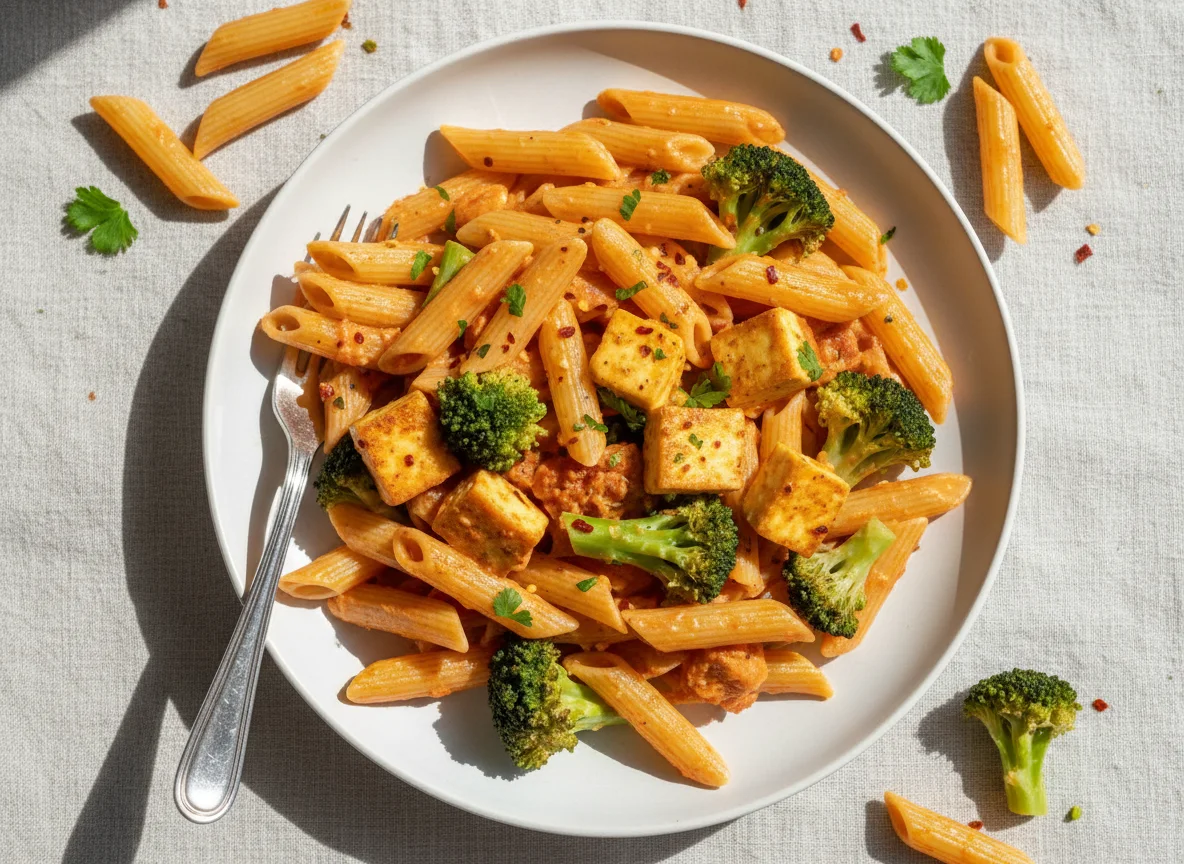 Penne Pasta with Creamy Sauce, Broccoli and Paneer photo