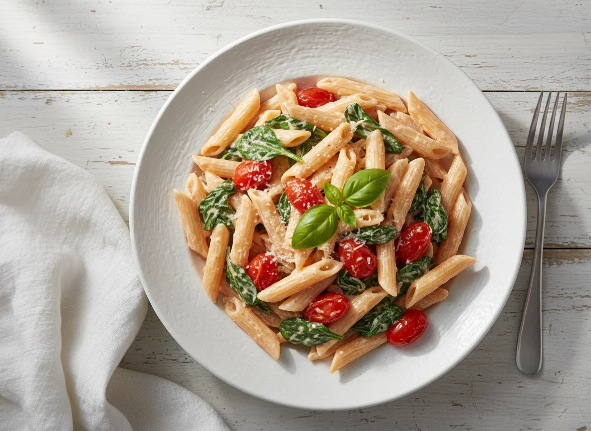 Penne Pasta with Creamy Spinach and Tomato Sauce photo