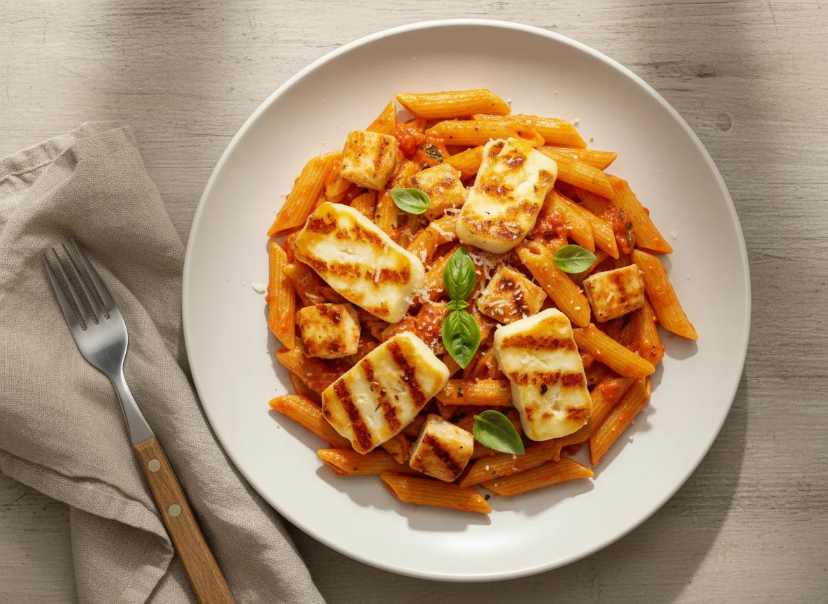 Penne pasta with creamy tomato sauce and chicken photo