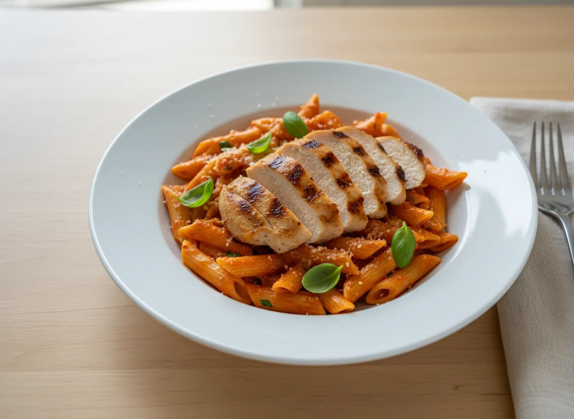 Penne Pasta with Creamy Tomato Sauce and Grilled Chicken Breast photo