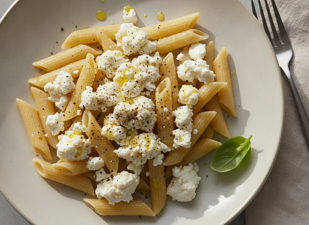 Penne pasta with feta cheese photo