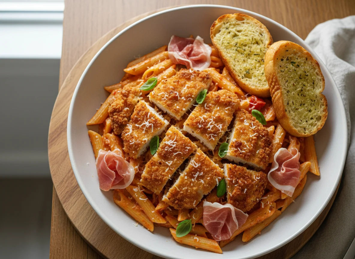 Penne Pasta with Fried Chicken and Prosciutto photo