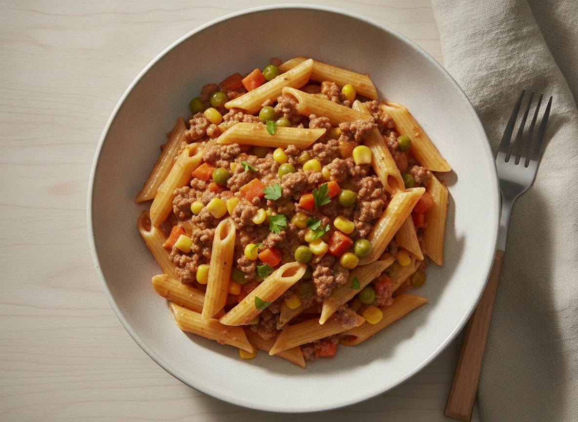 Penne Pasta with Ground Beef and Mixed Vegetables photo