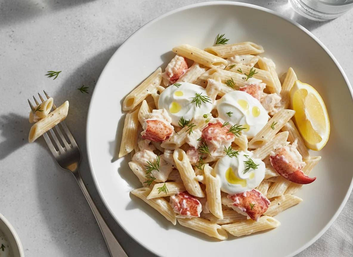 Penne pasta with lobster and natural yogurt photo