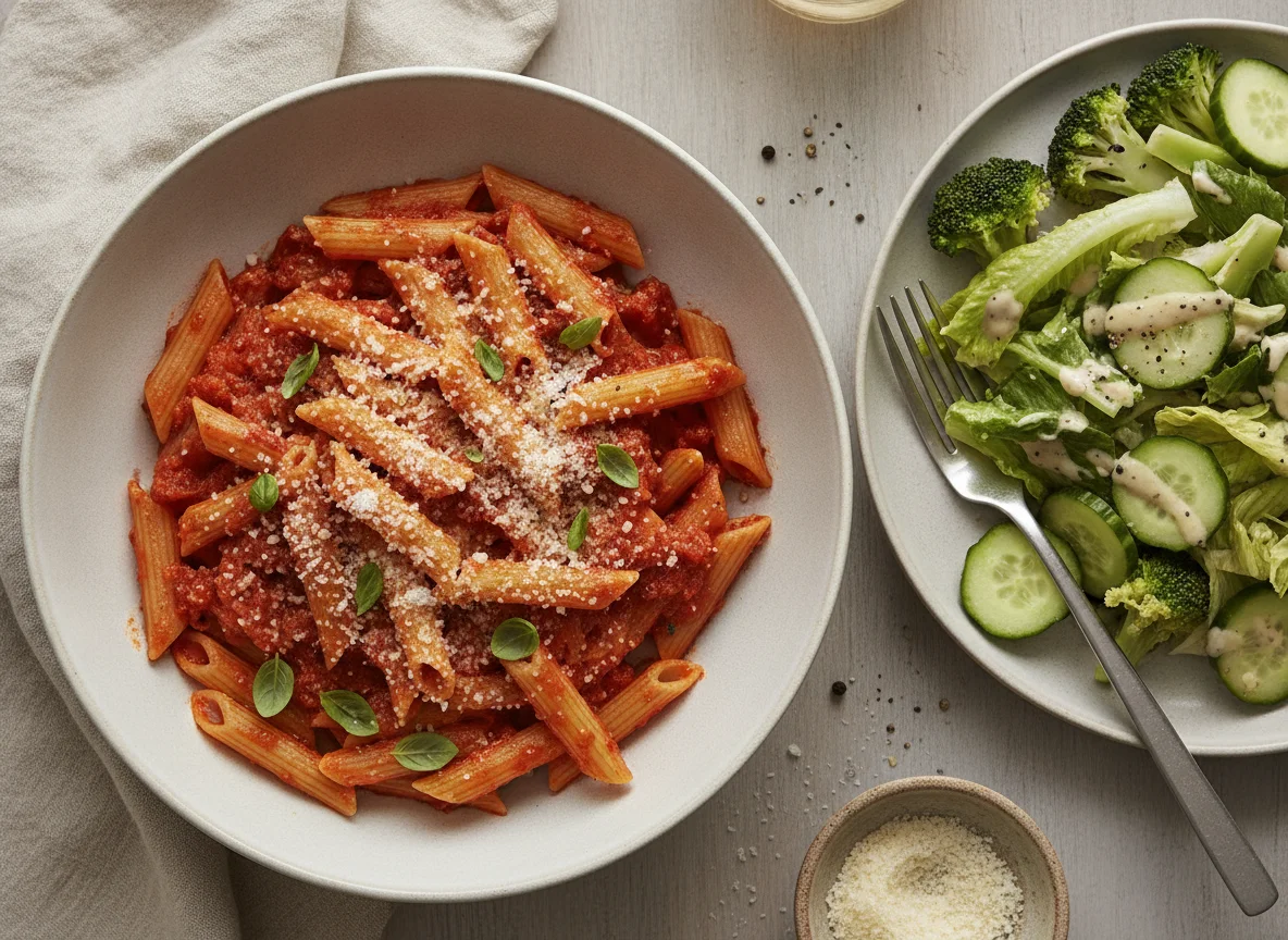Penne Pasta with Marinara and Garden Salad photo