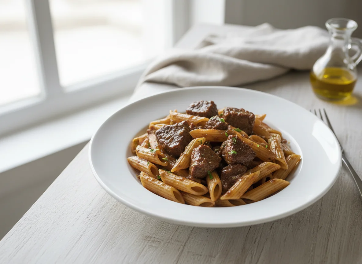 Penne Pasta with Meat and Brown Sauce photo