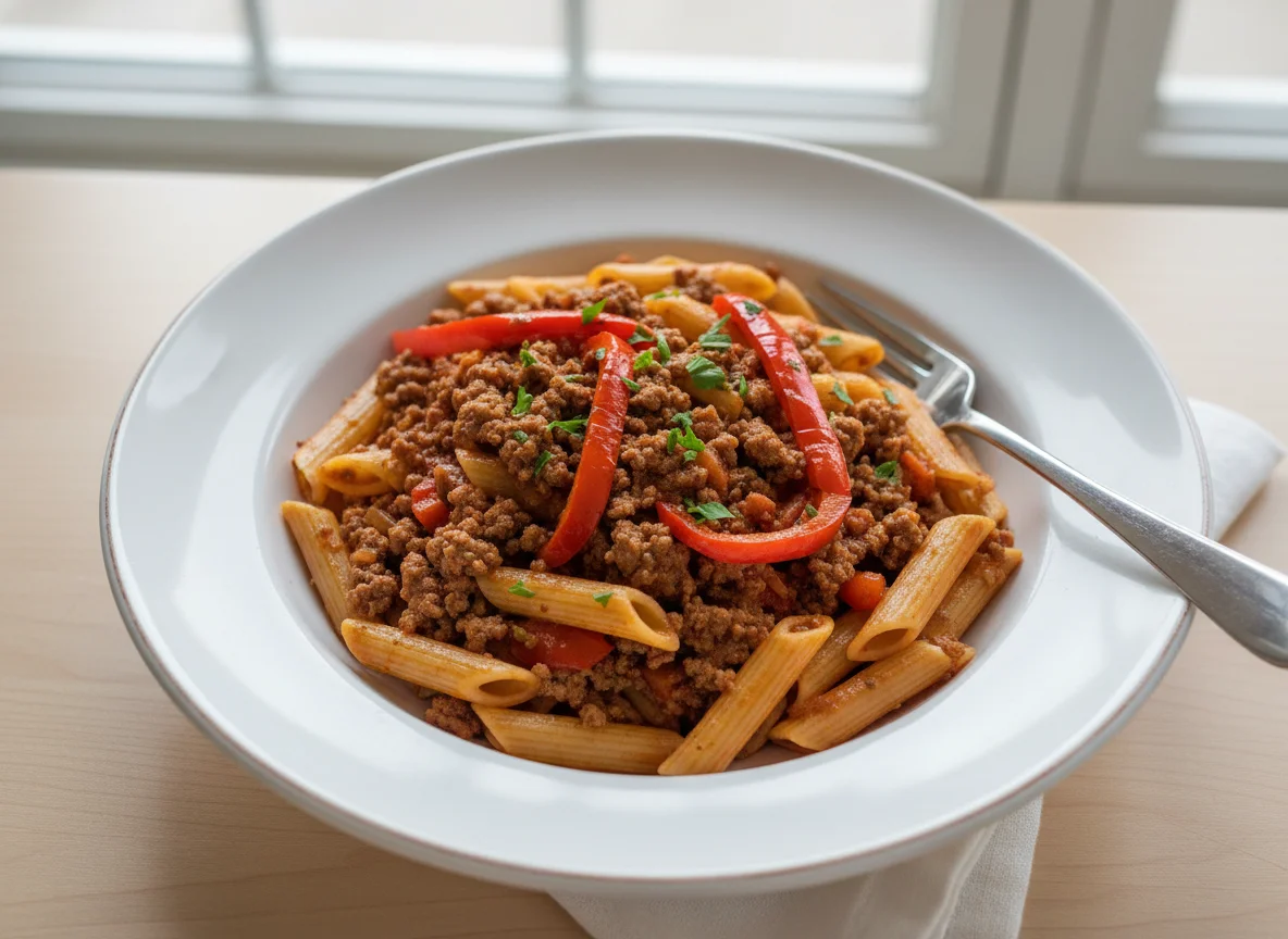 Penne Pasta with Meat Sauce and Bell Peppers photo
