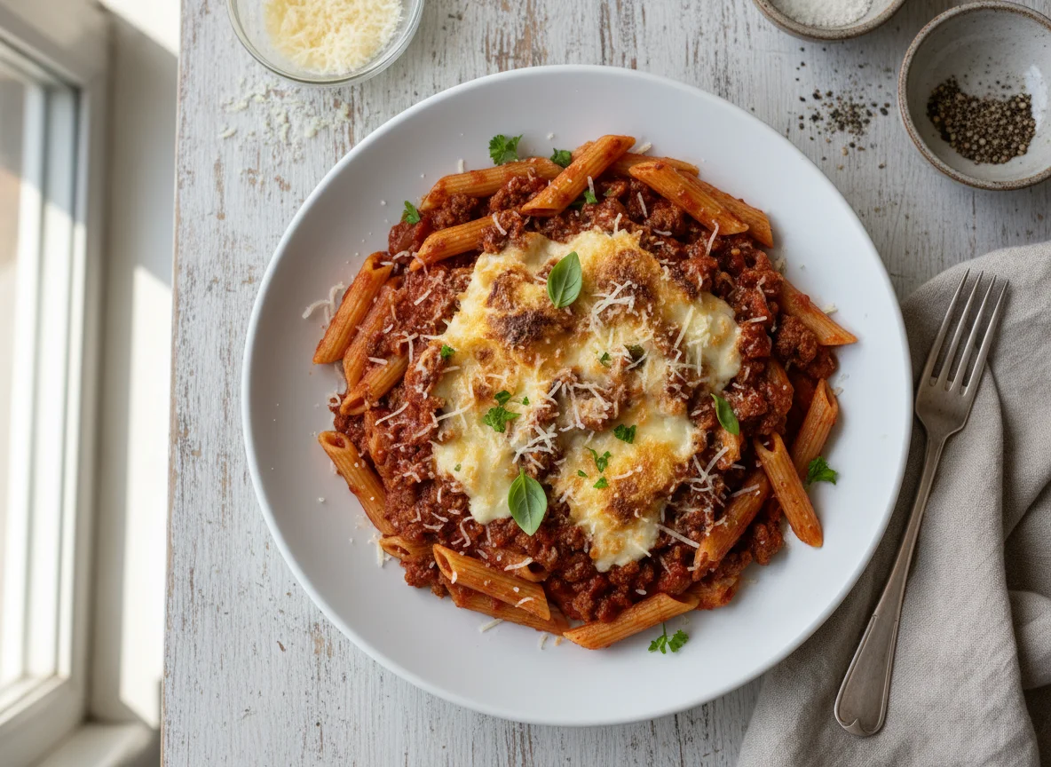 Penne Pasta with Meat Sauce and Cheese photo