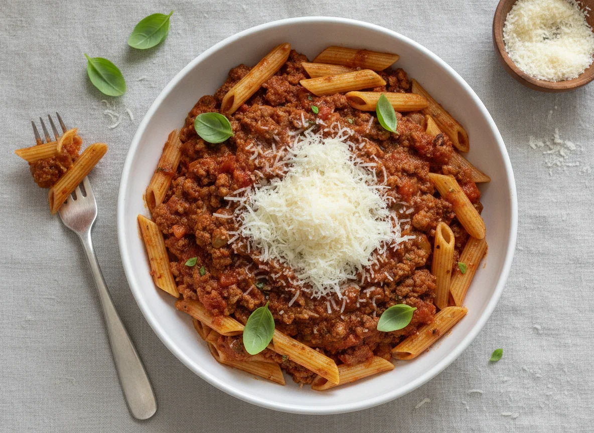 Penne Pasta with Meat Sauce and Parmesan photo