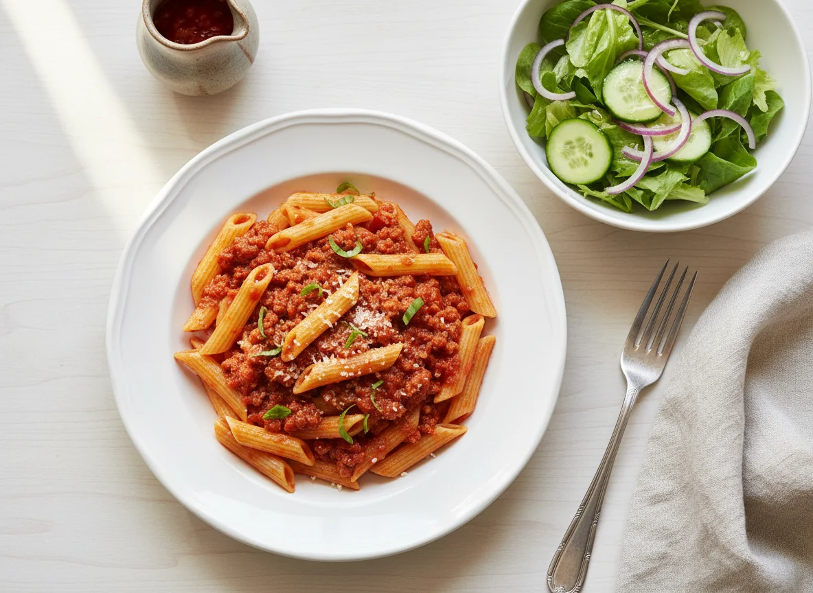 Penne pasta with meat sauce and side salad photo