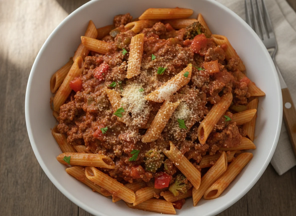 Penne Pasta with Meat Sauce and Vegetables photo