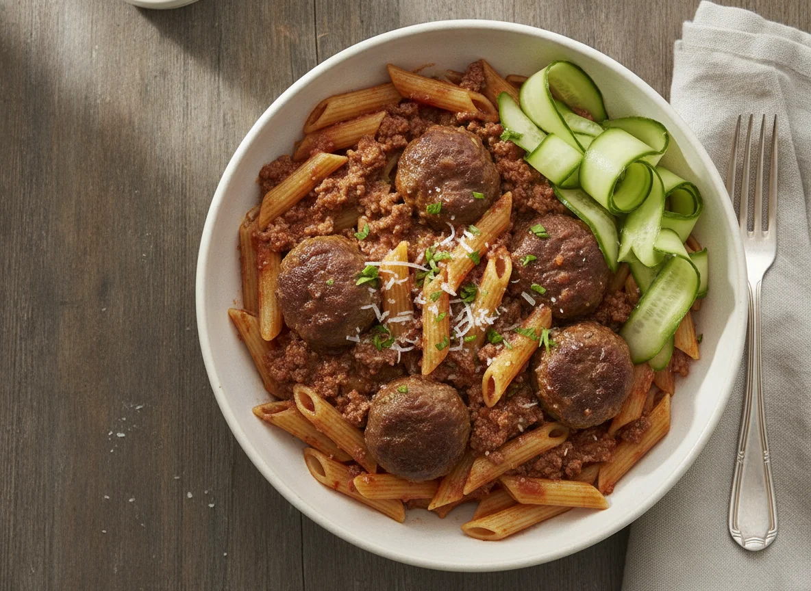 Penne Pasta with Meat Sauce, Meatballs, and Cucumber photo