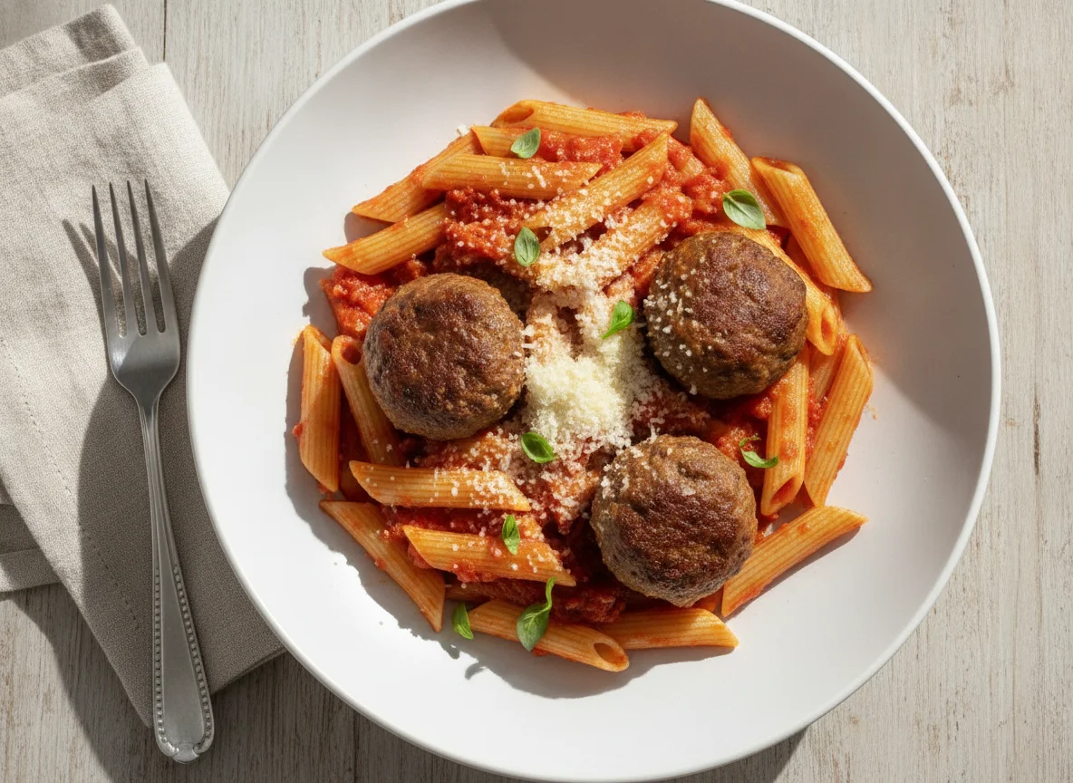 Penne Pasta with Meatballs and Marinara Sauce photo