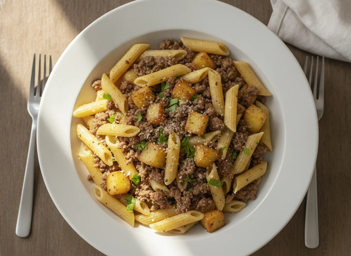 Penne pasta with minced meat and potatoes photo