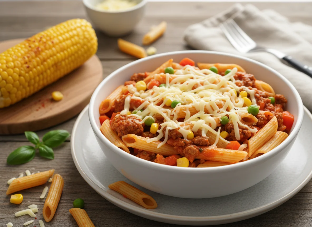 Penne Pasta with Minced Meat, Mixed Vegetables and Cheese, served with Corn on the Cob photo