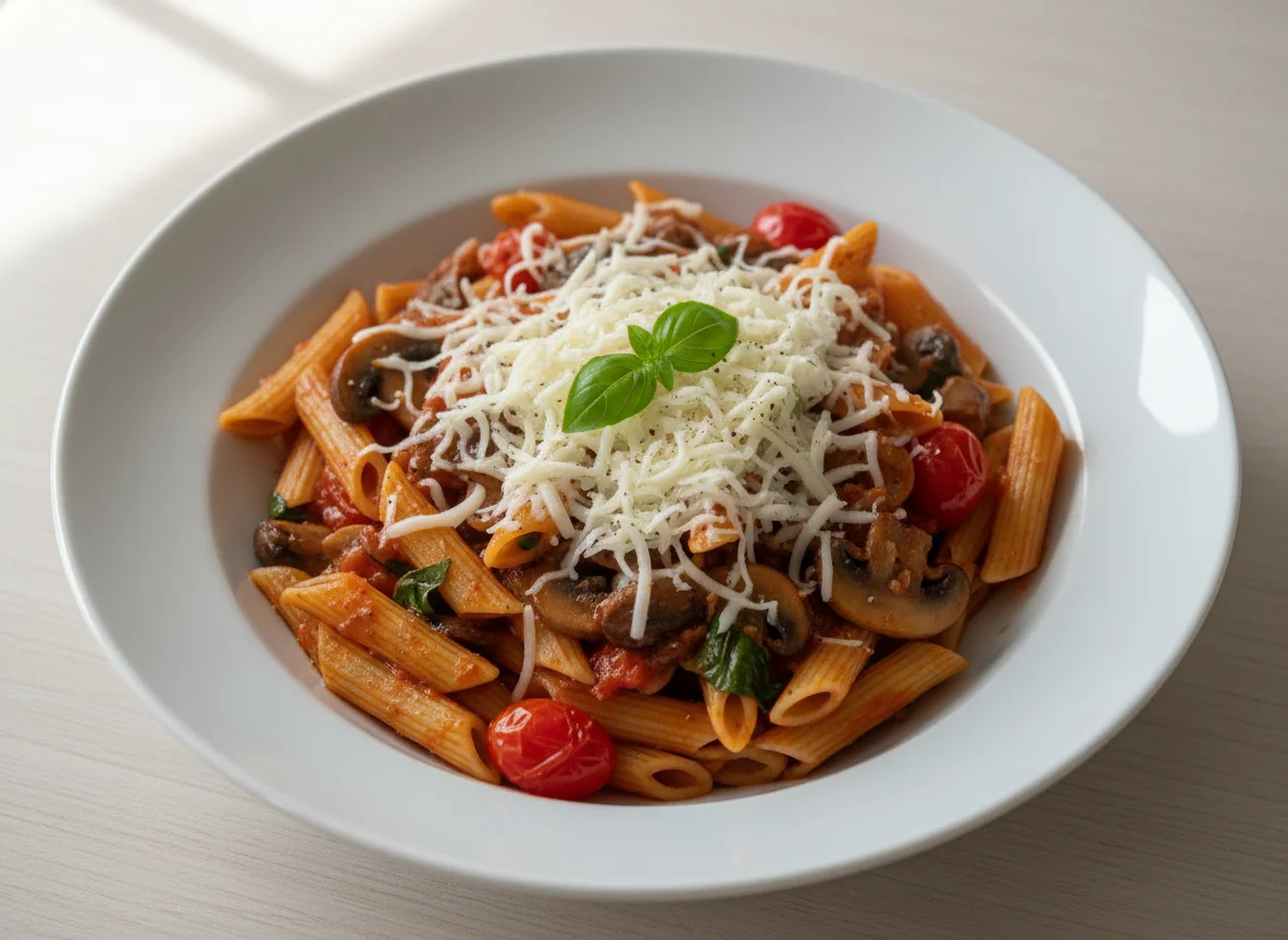 Penne Pasta with Mushroom and Tomato Sauce, topped with Cheese photo
