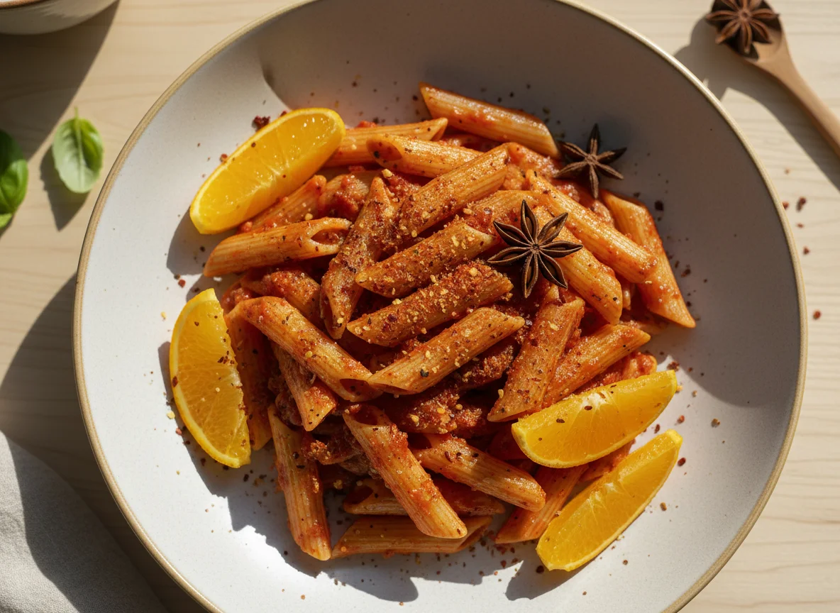 Penne Pasta with Orange Slices and Spice photo