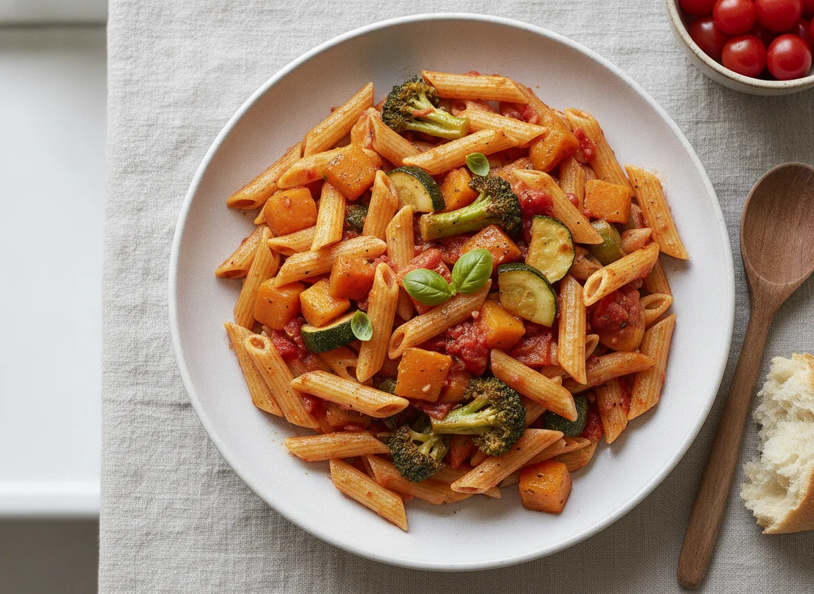 Penne pasta with roasted vegetables photo