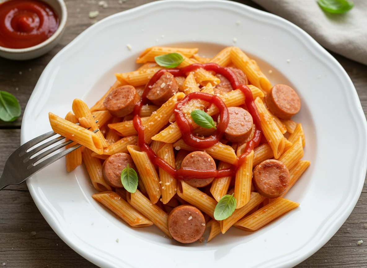 Penne pasta with sausage and ketchup photo