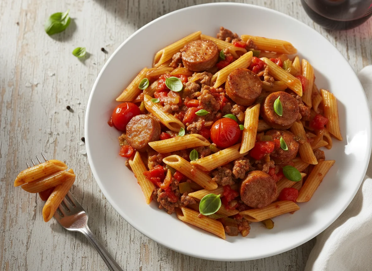 Penne pasta with sausage and tomato sauce photo