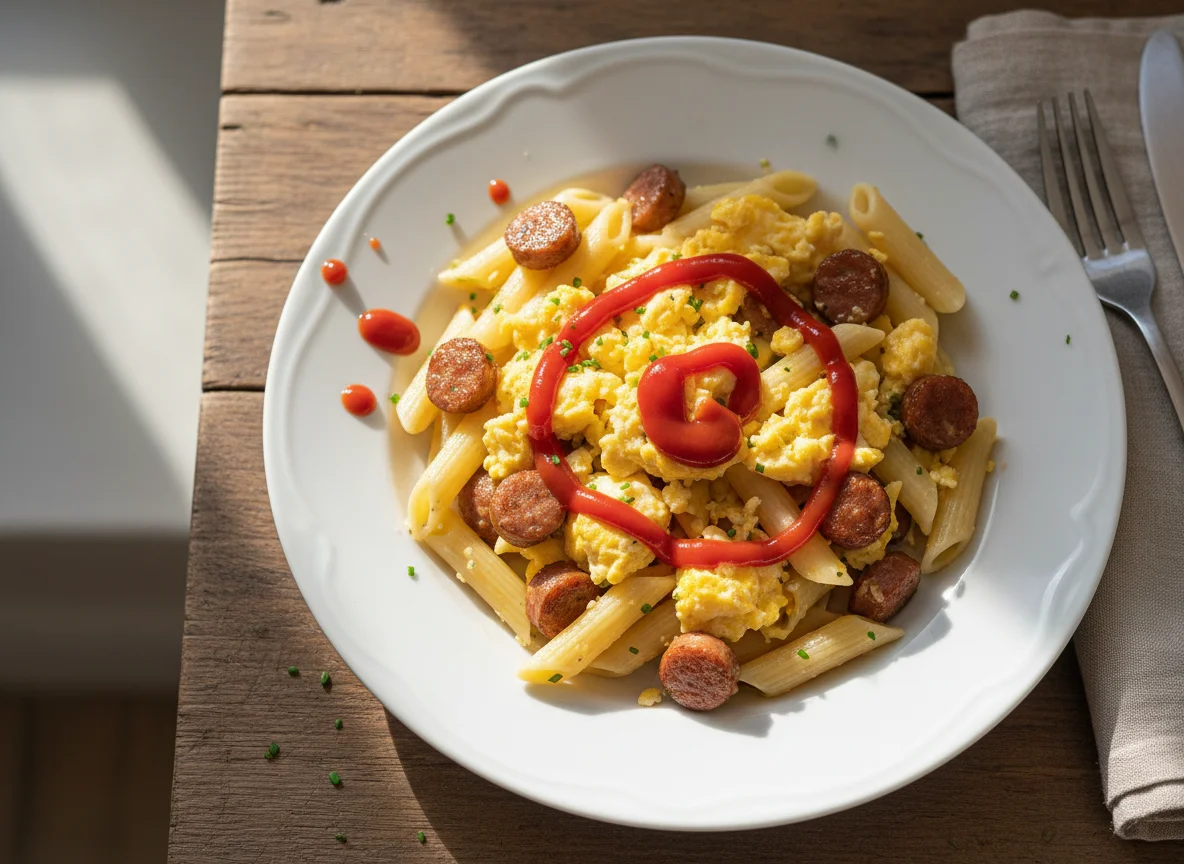Penne pasta with scrambled eggs and sausage photo