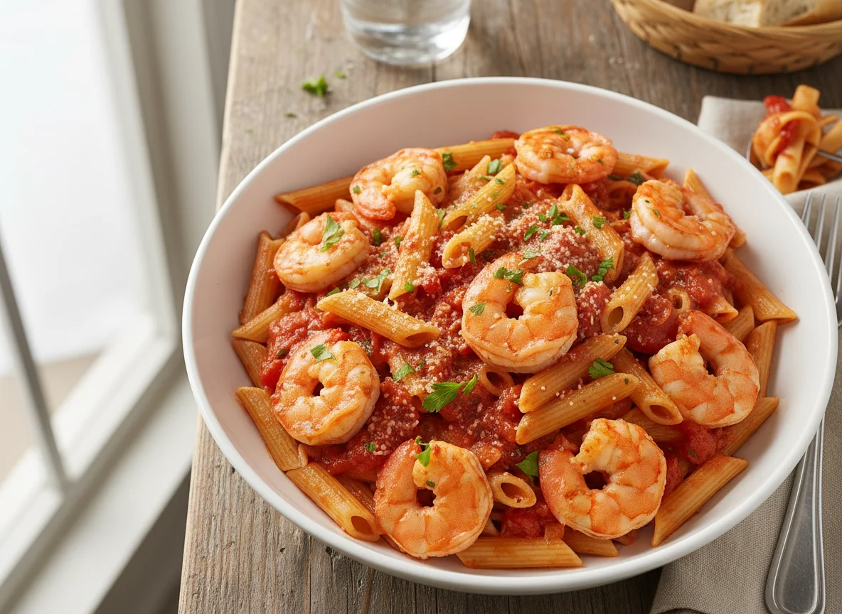 Penne Pasta with Shrimp in Tomato Sauce photo
