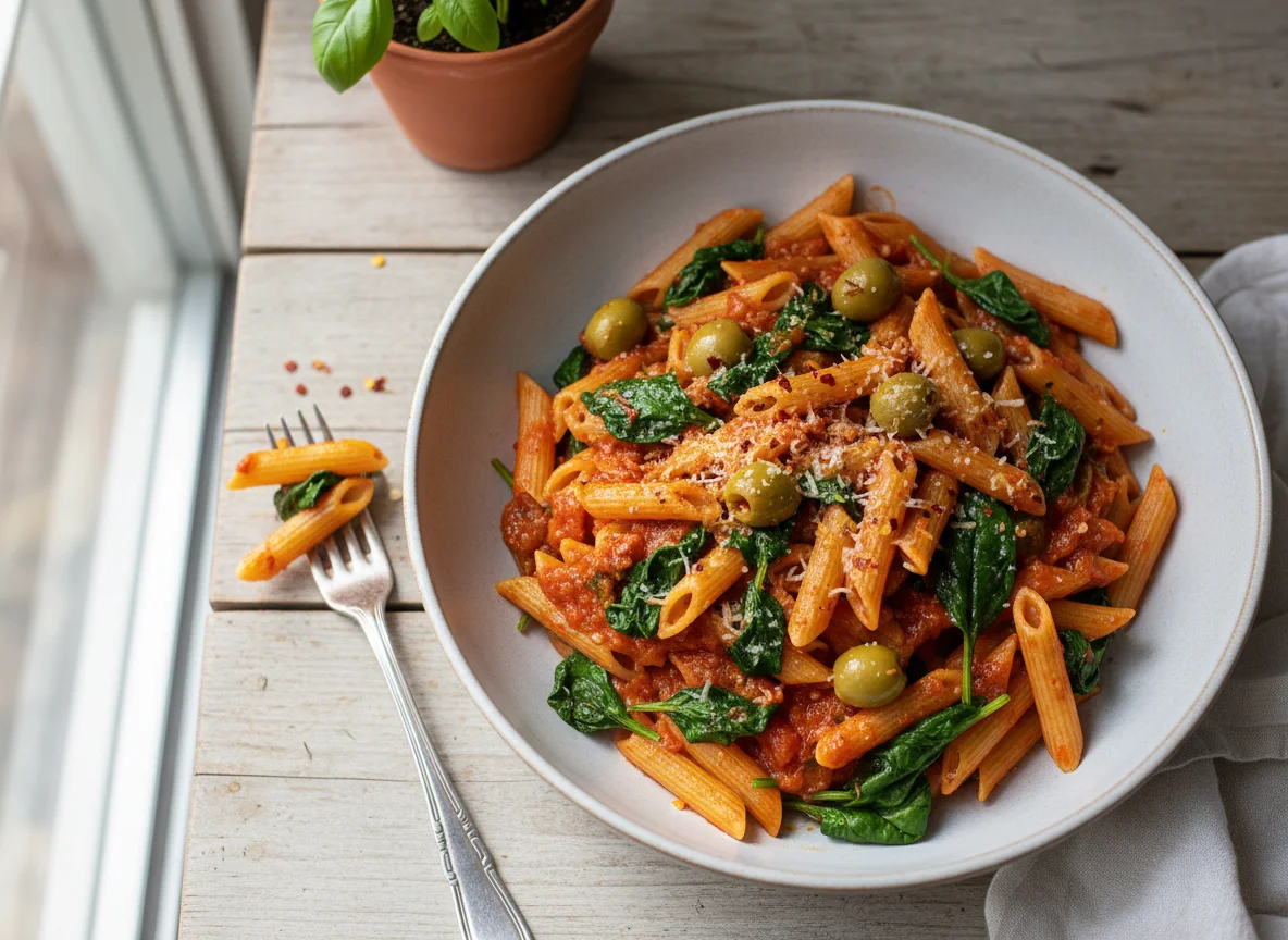 Penne pasta with spinach and olives photo