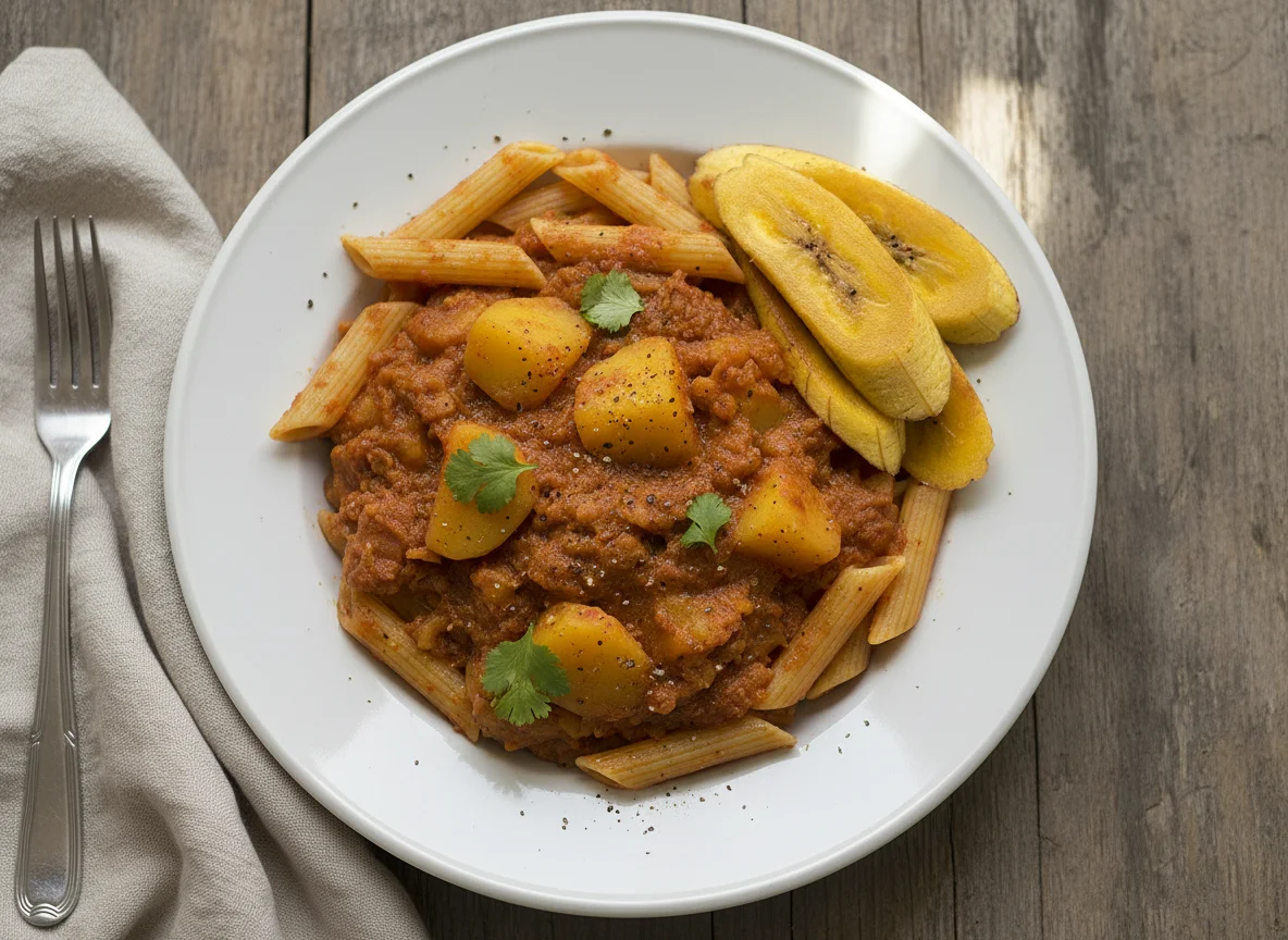 Penne pasta with stew and banana photo