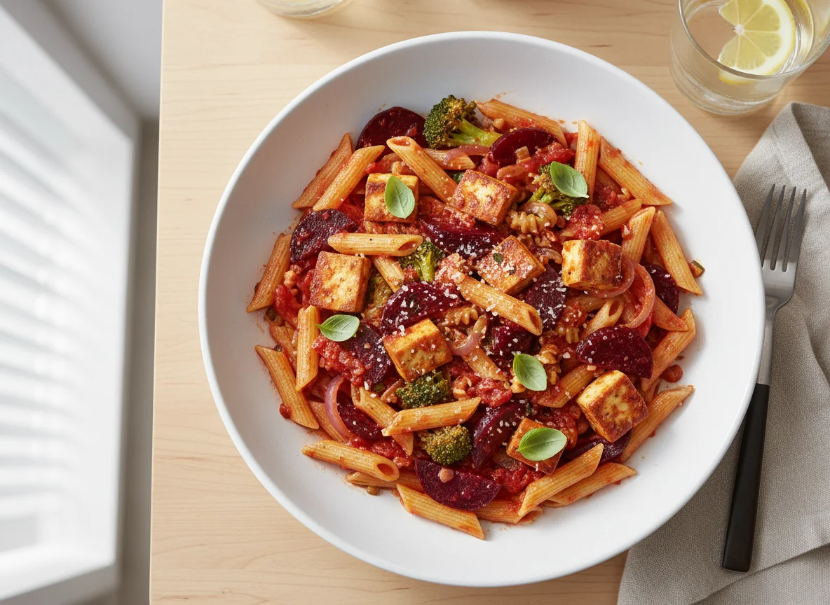 Penne Pasta with Tofu and Beetroot photo