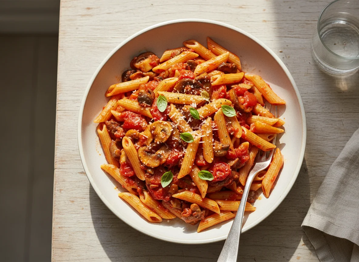 Penne Pasta with Tomato and Mushroom Sauce photo
