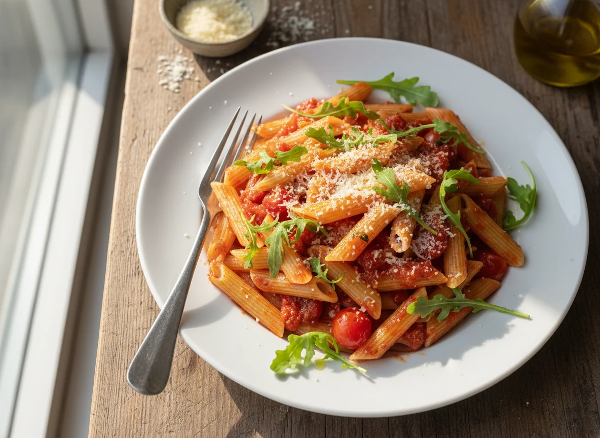 Penne Pasta with Tomato Sauce and Arugula photo