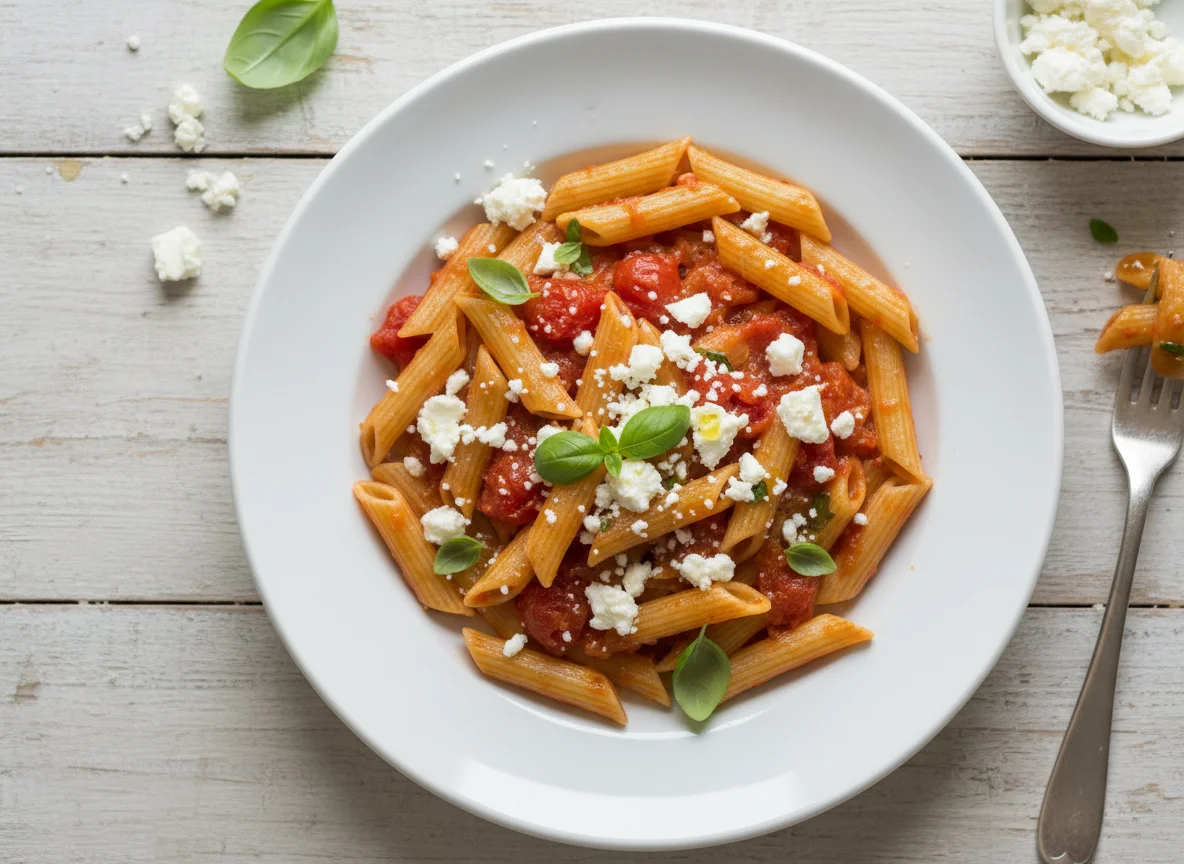 Penne pasta with tomato sauce and cheese photo