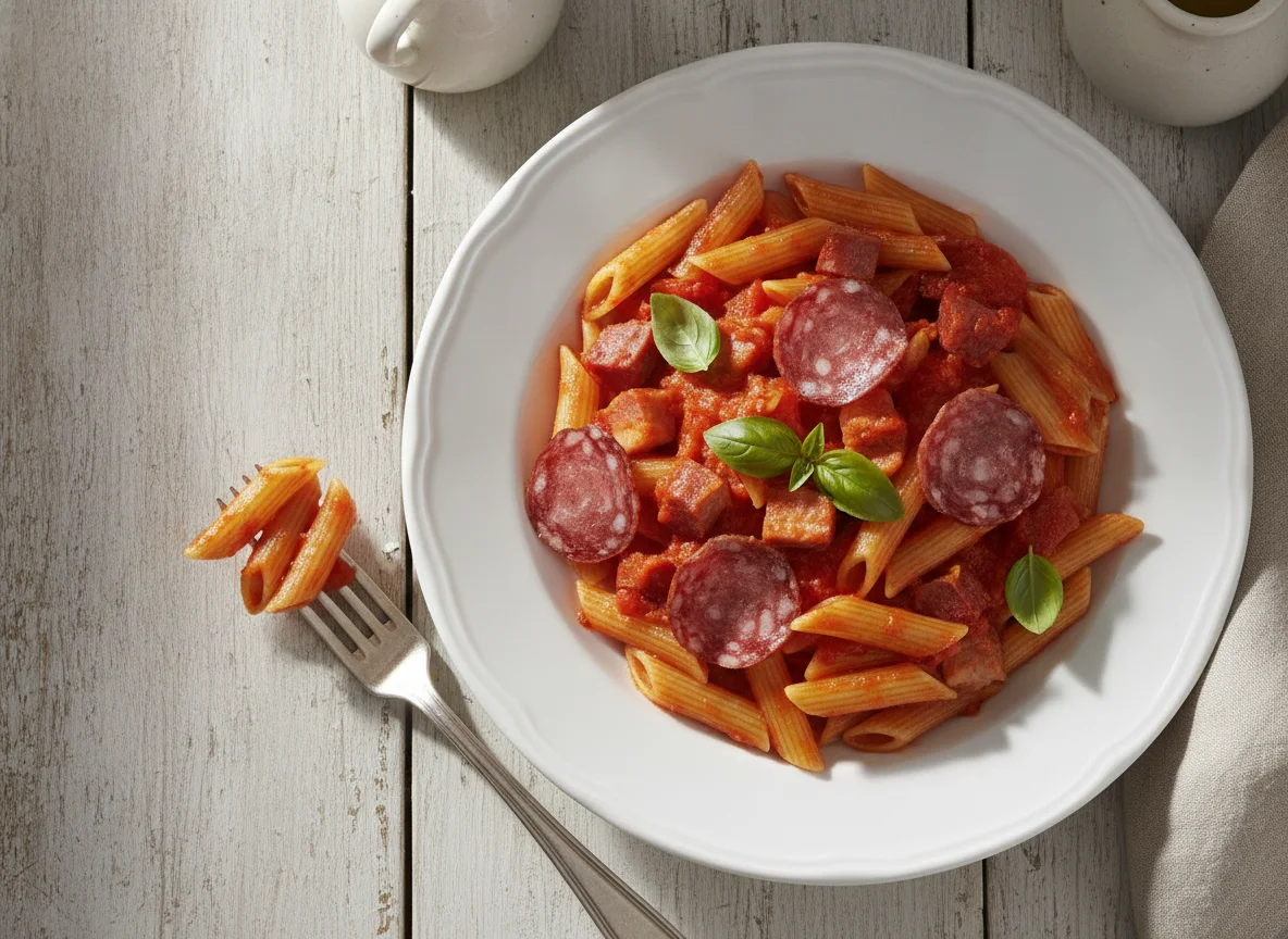 Penne pasta with tomato sauce and cured meats photo