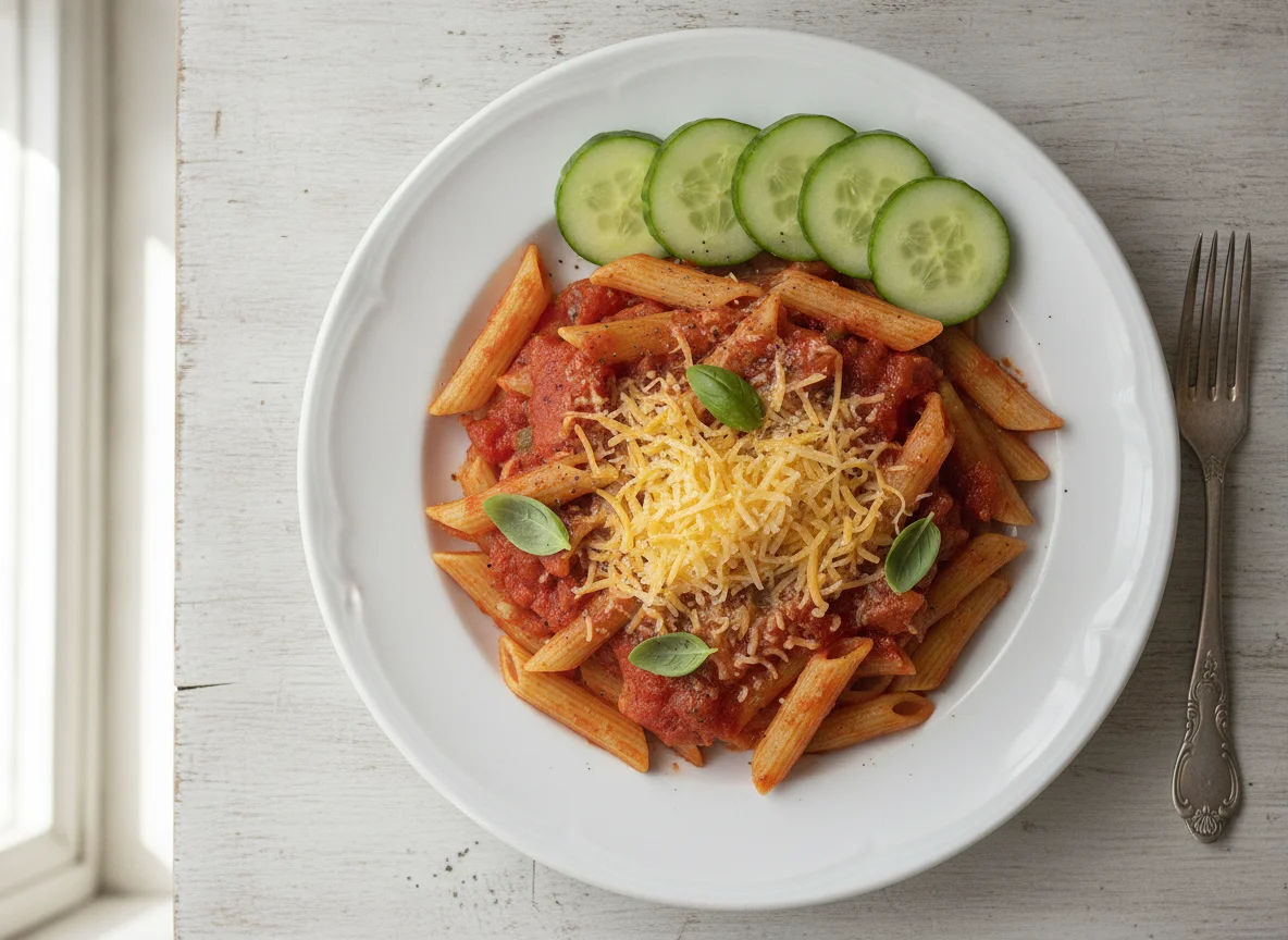 Penne Pasta with Tomato Sauce and Grated Cheese photo