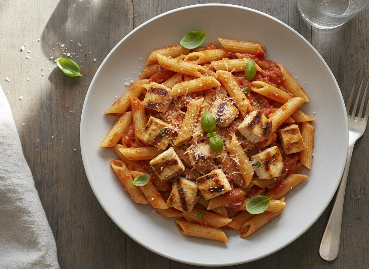 Penne pasta with tomato sauce and grilled chicken photo