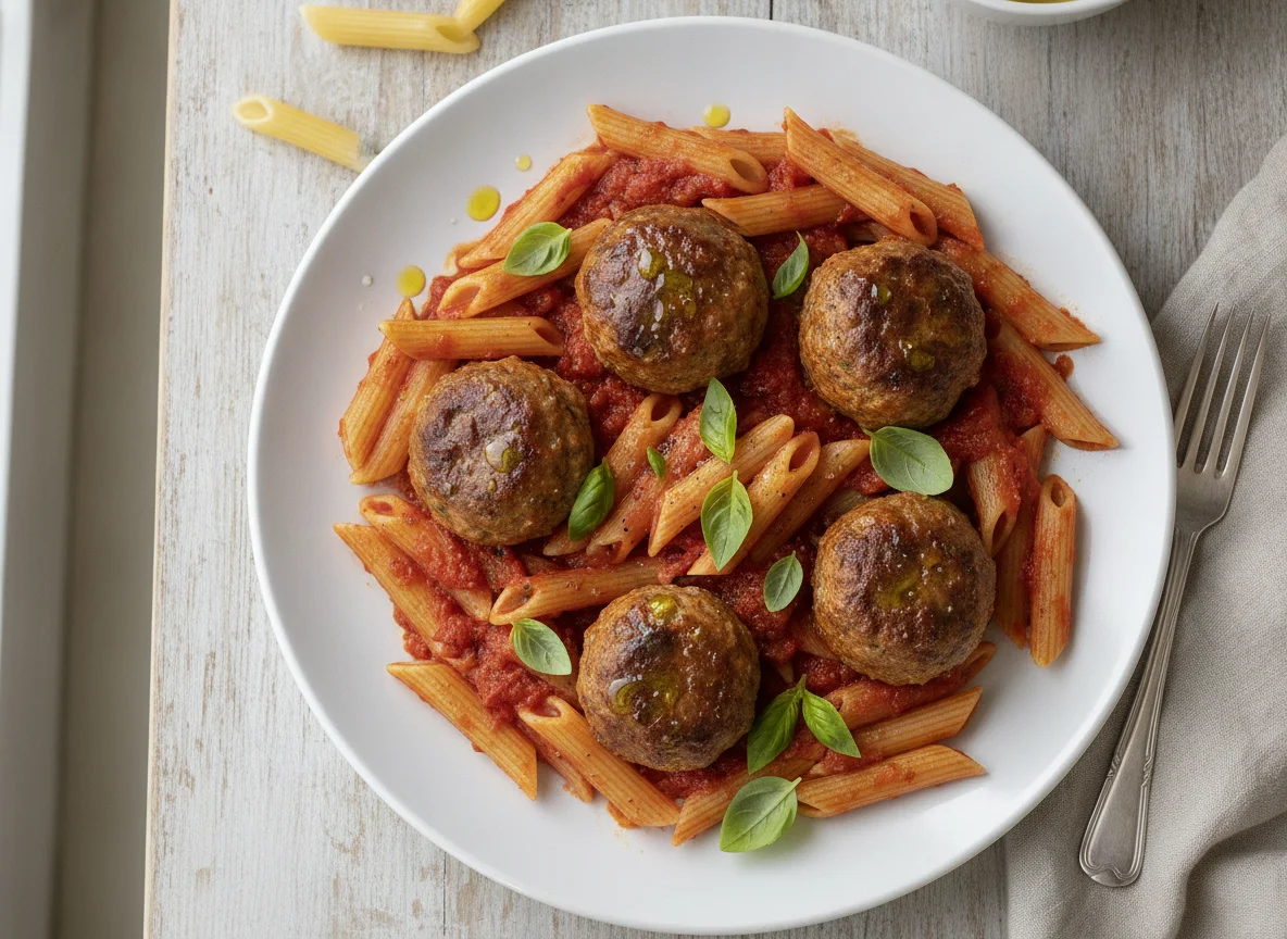 Penne Pasta with Tomato Sauce and Meatballs photo
