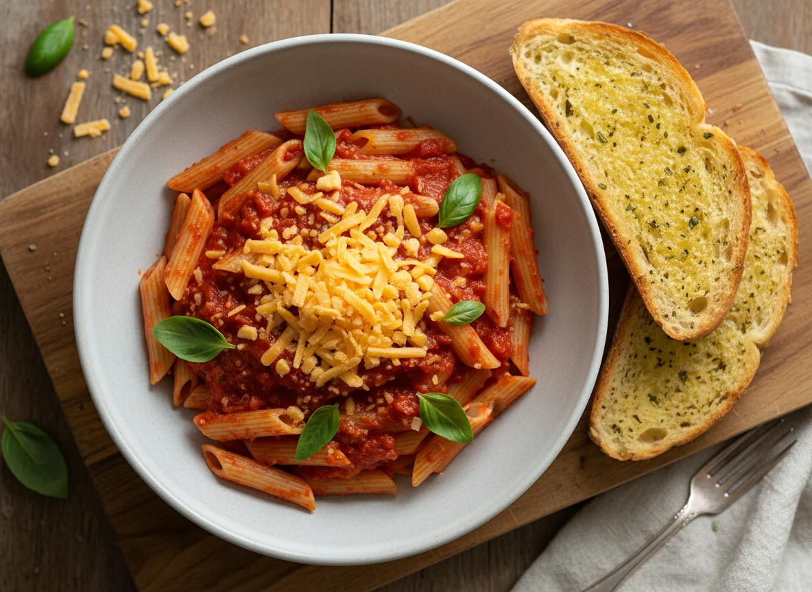 Penne Pasta with Tomato Sauce, Cheese, and Garlic Bread photo