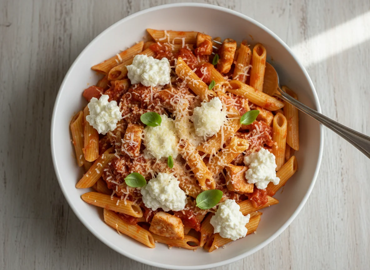 Penne Pasta with Tomato Sauce, Chicken, Cottage Cheese and Parmesan photo