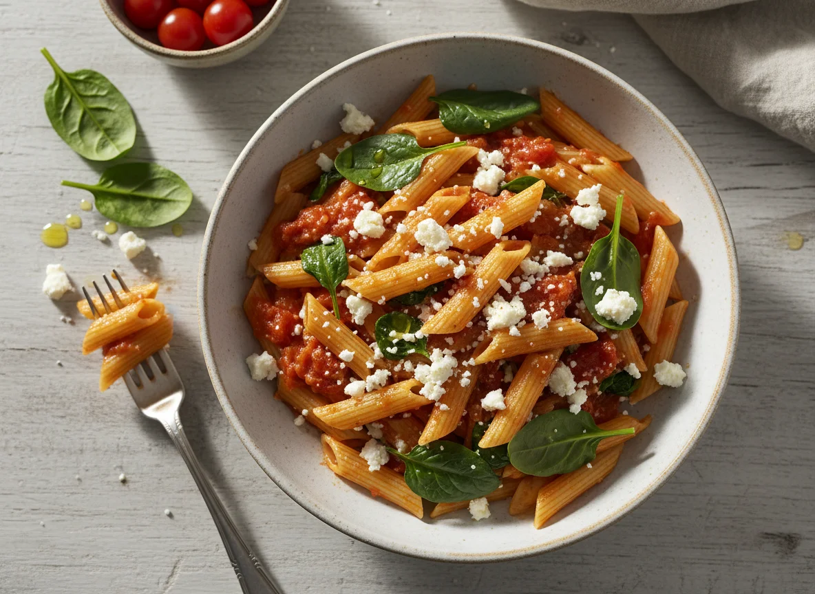 Penne Pasta with Tomato Sauce, Feta, and Spinach photo