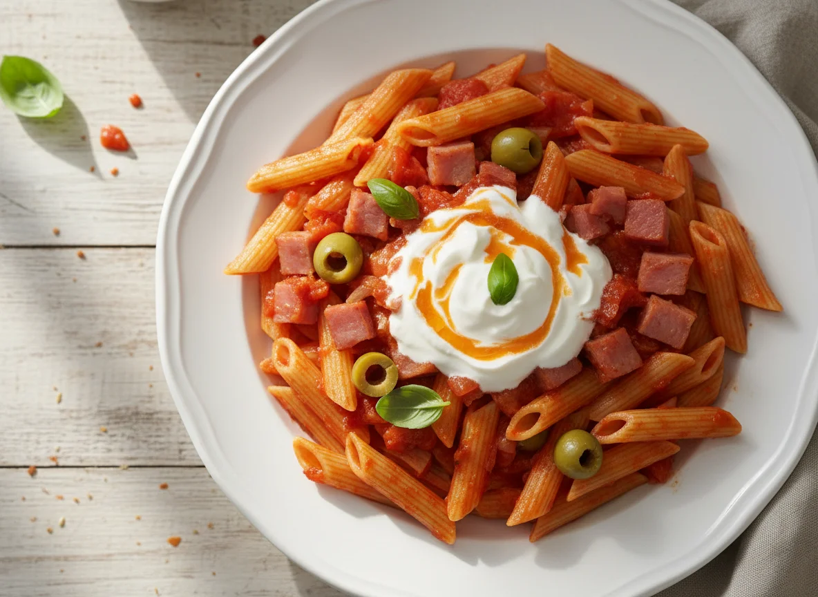 Penne pasta with tomato sauce, ham, olives, and cream photo