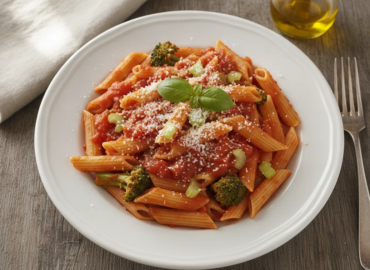 Penne Pasta with Tomato Sauce, Vegetables, and Parmesan photo