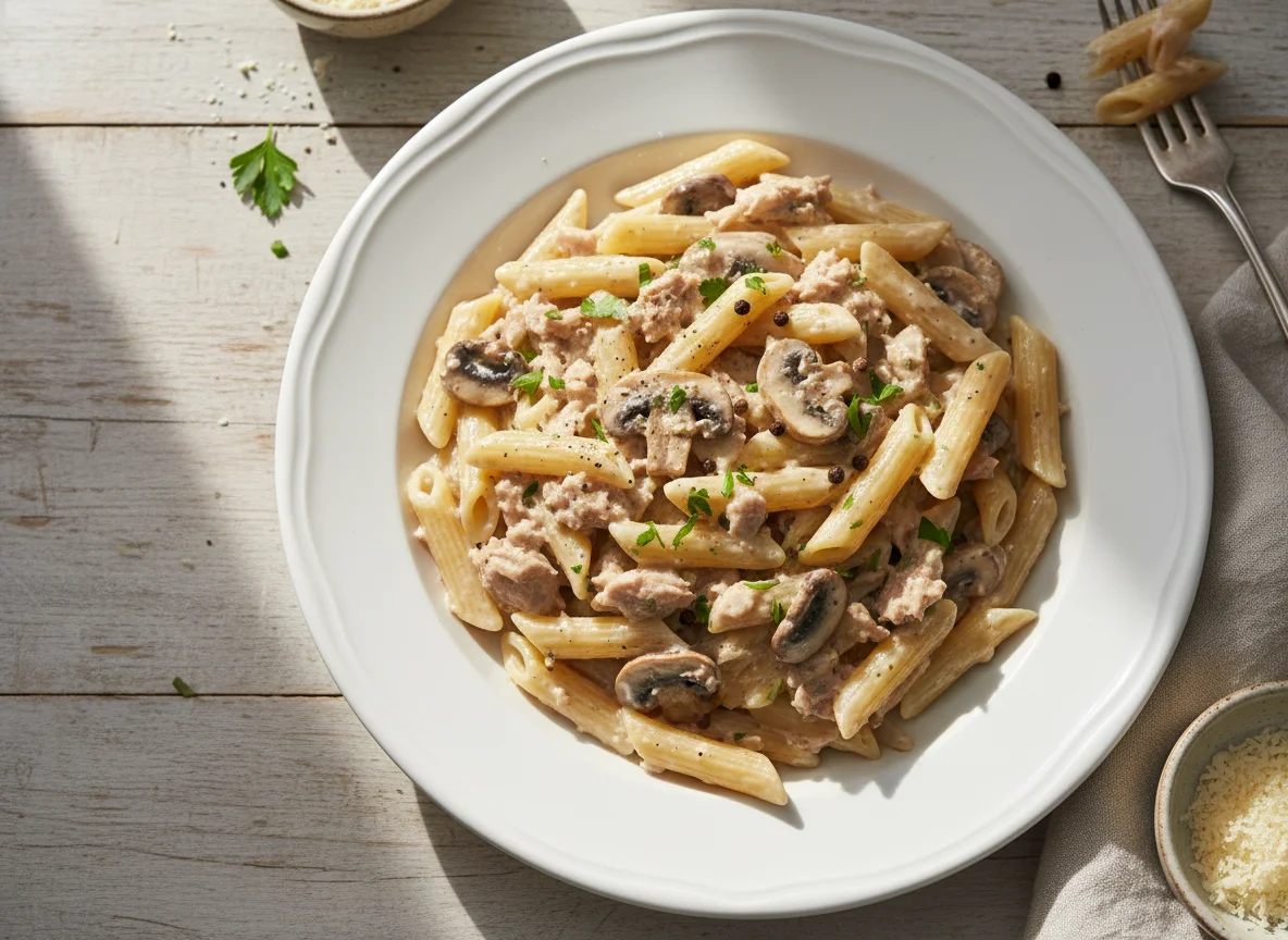 Penne Pasta with Tuna and Mushrooms in Cream Sauce photo