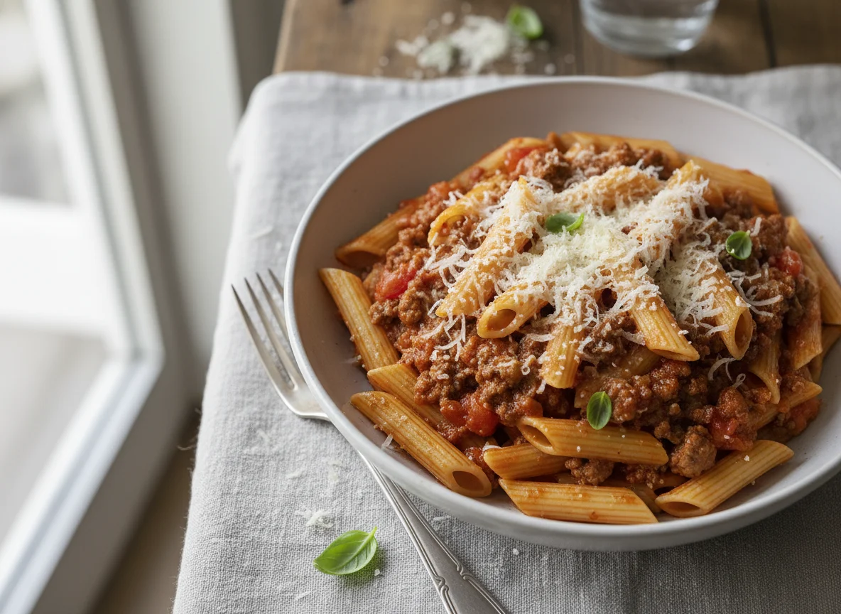 Penne with Bolognese Sauce and Parmesan photo