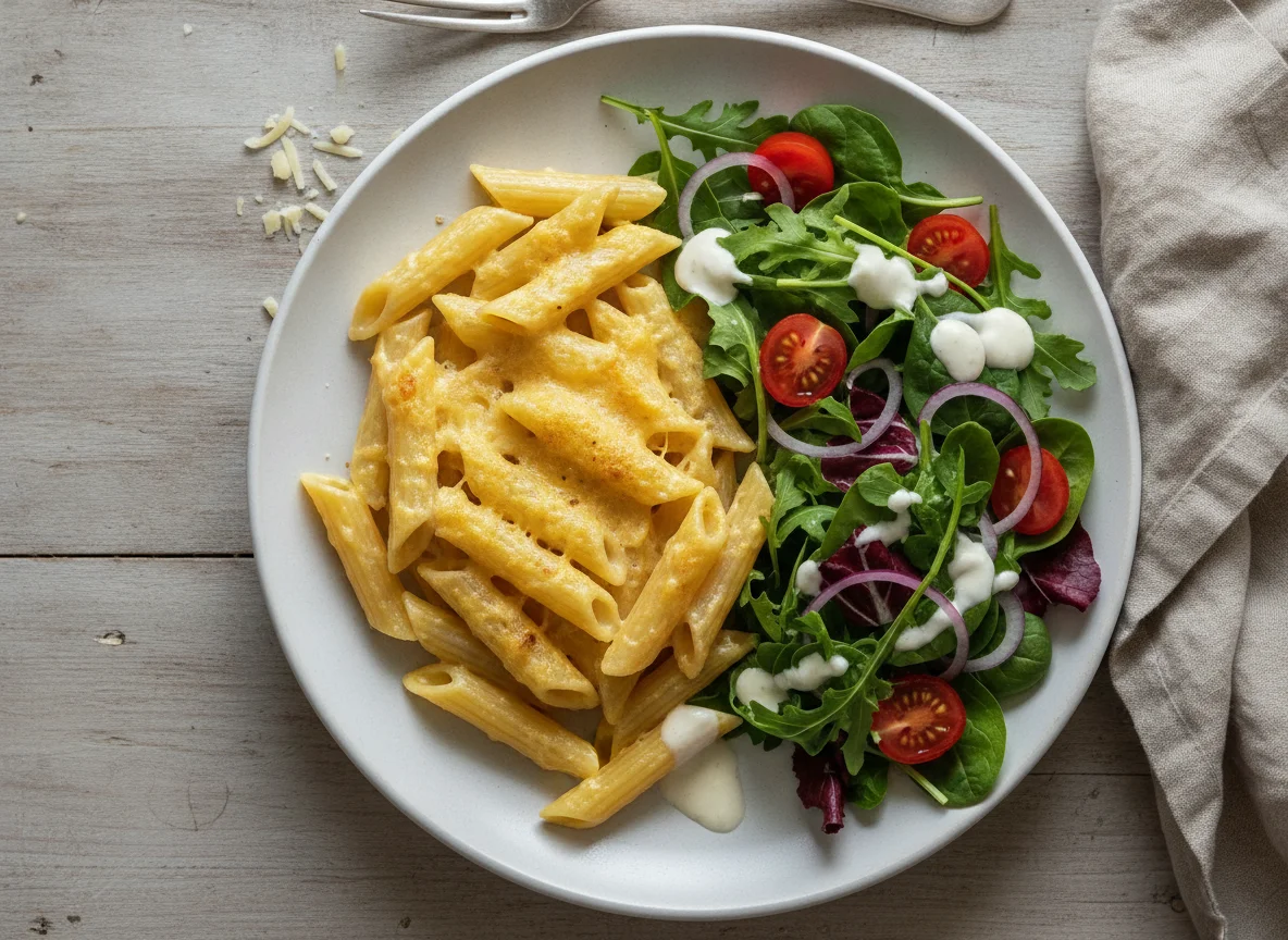 Penne with cheese and mixed side salad photo