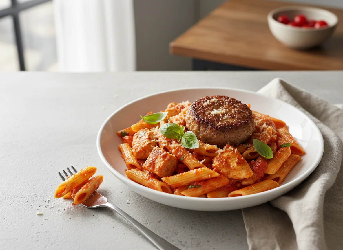 Penne with Chicken and Meat Patty photo