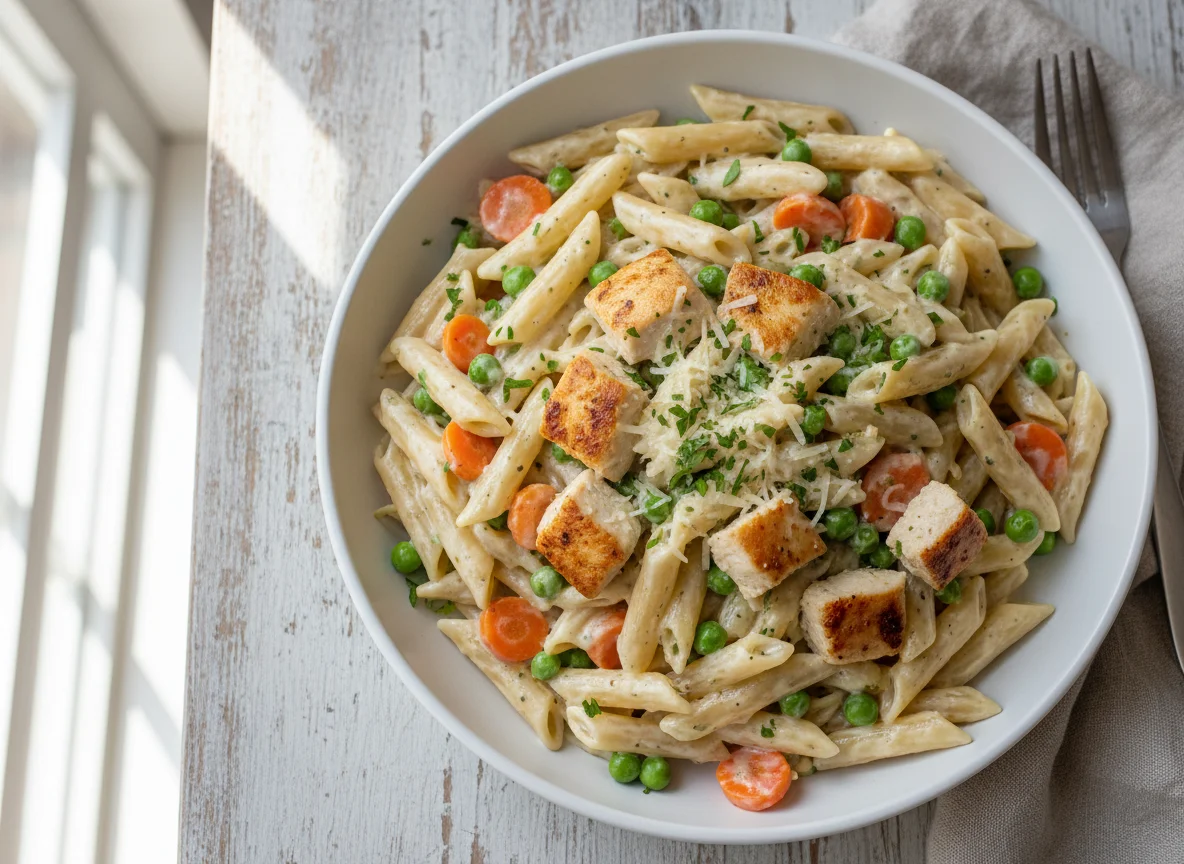 Penne with Chicken and Vegetables in Cream Sauce photo