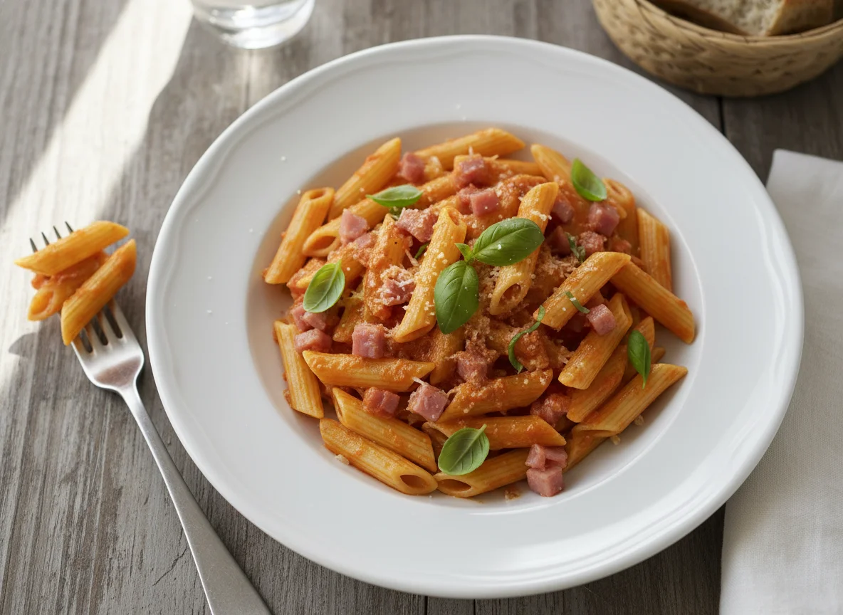 Penne with creamy tomato sauce and ham photo